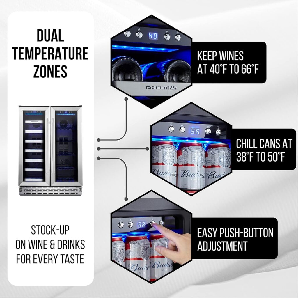 Phiestina Wine Cooler Refrigerator 16 inch Wine Refrigerator 33 Bottles Dual Zones Mini Wine Fridge Auto Defrost Temperature Memory Glass Door 7 Removable Shelves Quiet for Home Bar Office