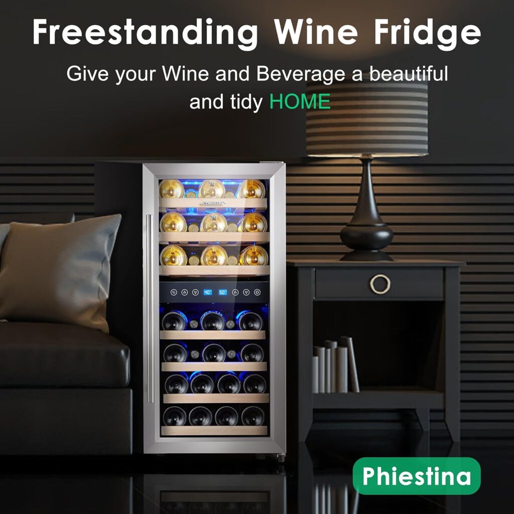 Phiestina Wine Cooler Refrigerator 16 inch Wine Refrigerator 33 Bottles Dual Zones Mini Wine Fridge Auto Defrost Temperature Memory Glass Door 7 Removable Shelves Quiet for Home Bar Office