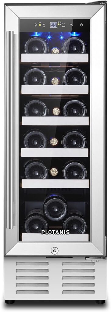 Plotanis 12 Inch Wine Fridge Under Counter 18 Bottles Wine Cooler Refrigerator Built-in or Freestanding with Stainless Steel Double Layer Glass Door Compressor