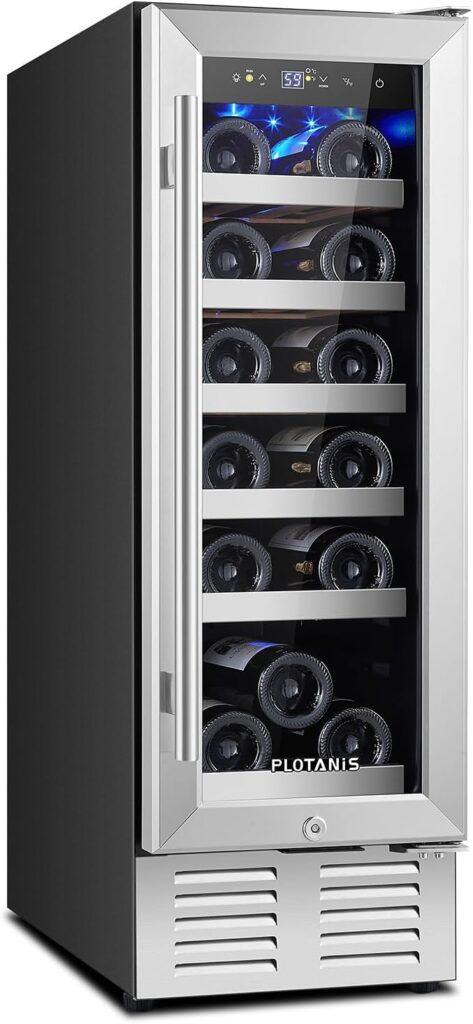 Plotanis 12 Inch Wine Fridge Under Counter 18 Bottles Wine Cooler Refrigerator Built-in or Freestanding with Stainless Steel Double Layer Glass Door Compressor