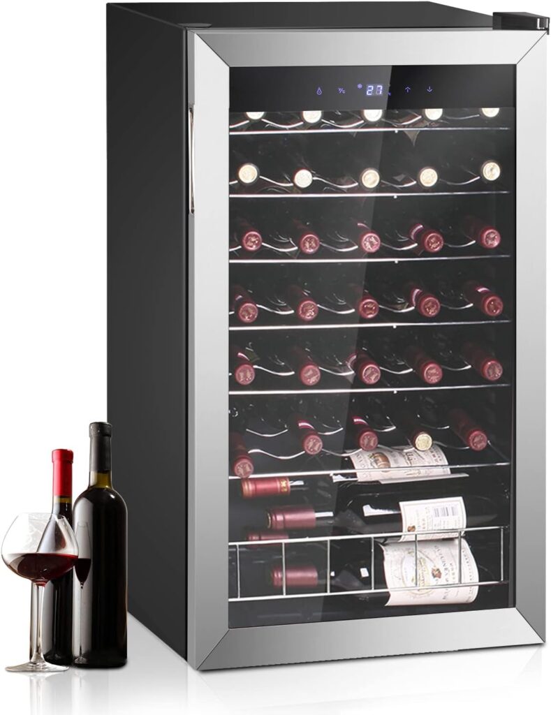 Smad Wine Fridge, 33 Bottle Wine Cooler Refrigerator, 19 Inch Freestanding Wine Fridge with Digital Temperature Display and Glassdoor, 3.5 cuft, Stainless Steel