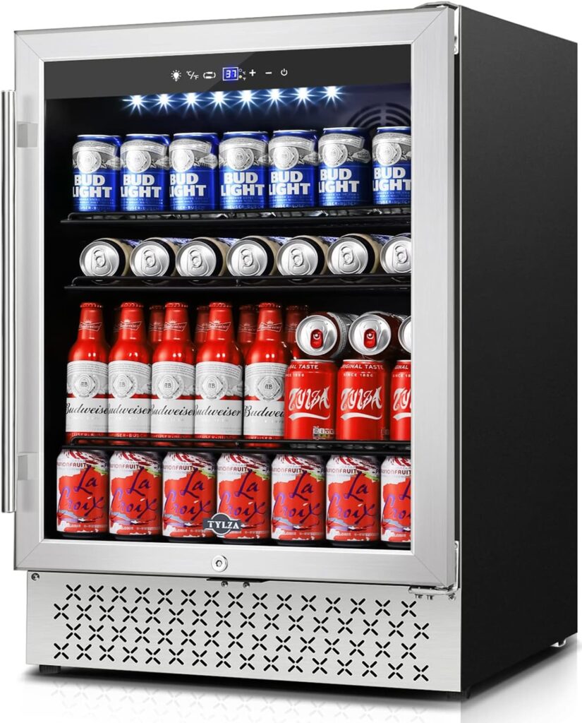 Tylza Beverage Refrigerator 24 Inch, 190 Can Built-in/Freestanding Beverage Cooler Fridge with Glass Door and Advanced Cooling Compressor for Beer and Soda or Wine, Low Noise, 37-64 F