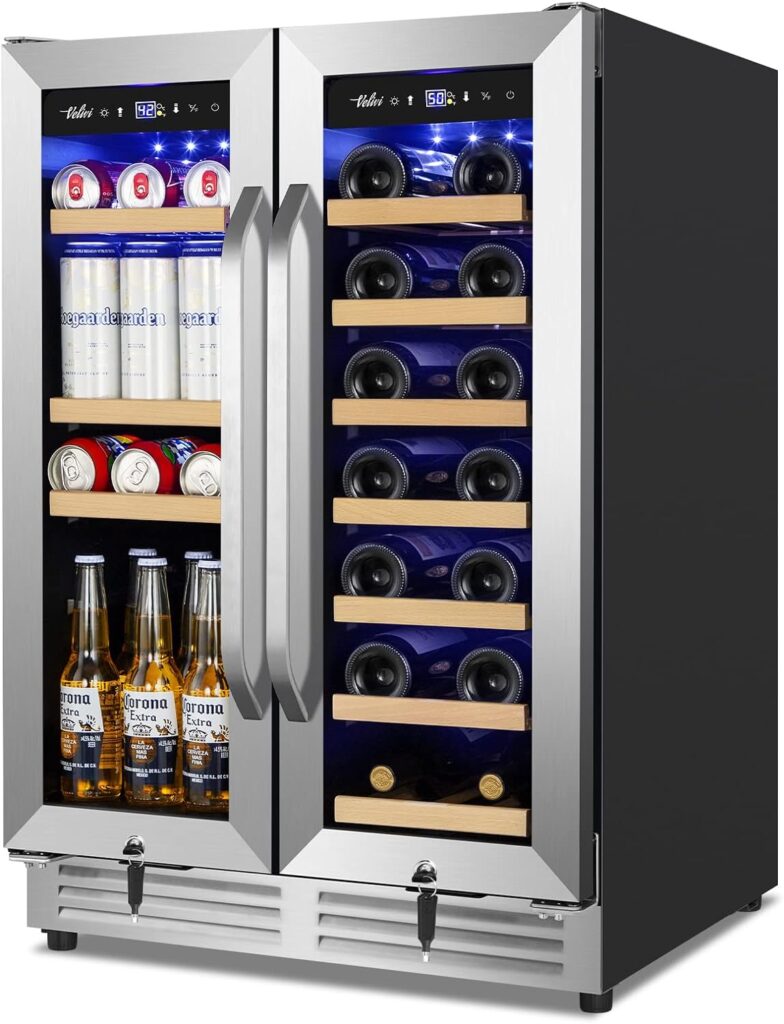 Velivi Wine and Beverage Refrigerator Upgraded, 24 Inch Beverage Refrigerator Cooler Dual Zone with Glass Door, Under CounterFreestanding Beverage Fridge with Large Capacity, Advanced Cooling System