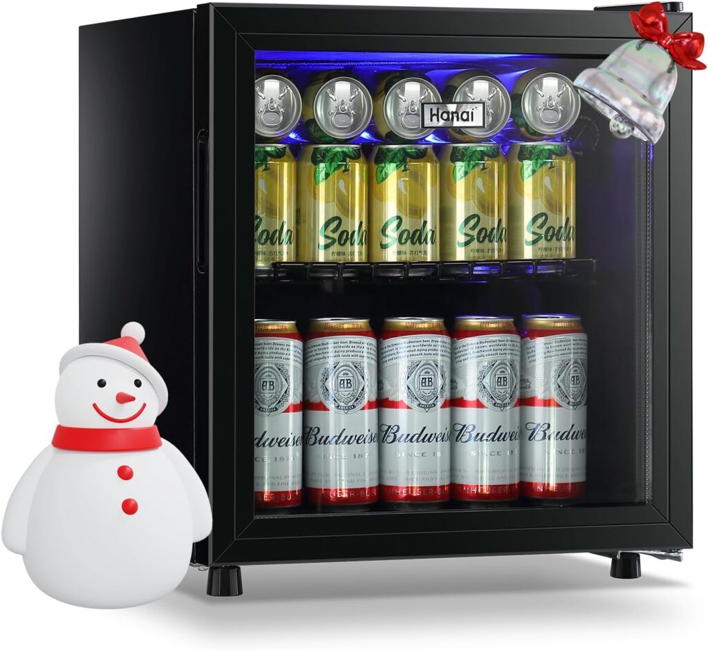 WANAI Beverage Refrigerator Cooler 60 Can Fridge Glass Door for Beer Drinks Wines Juice, Adjustable Shelves Blue LED Lights and User Friendly Temperature Knob for Home Office Dorm Bar 1.6 Cu. Ft