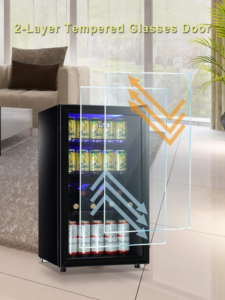 WANAI Beverage Refrigerator Cooler Fridge Glass Door 125Can Beer Fridge Beverage Cooler Drinks Wines Juice Soda Cooler Adjustable Shelves LED Lights Temp Control for Home Office Dorm Bar 3.5 Cu. Ft