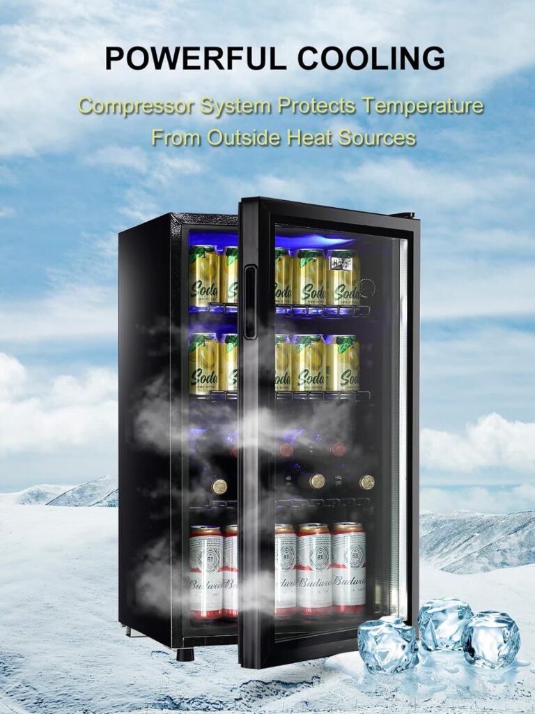 WANAI Beverage Refrigerator Cooler Fridge Glass Door 125Can Beer Fridge Beverage Cooler Drinks Wines Juice Soda Cooler Adjustable Shelves LED Lights Temp Control for Home Office Dorm Bar 3.5 Cu. Ft