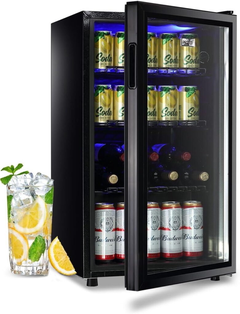 WANAI Beverage Refrigerator Cooler Fridge Glass Door 125Can Beer Fridge Beverage Cooler Drinks Wines Juice Soda Cooler Adjustable Shelves LED Lights Temp Control for Home Office Dorm Bar 3.5 Cu. Ft