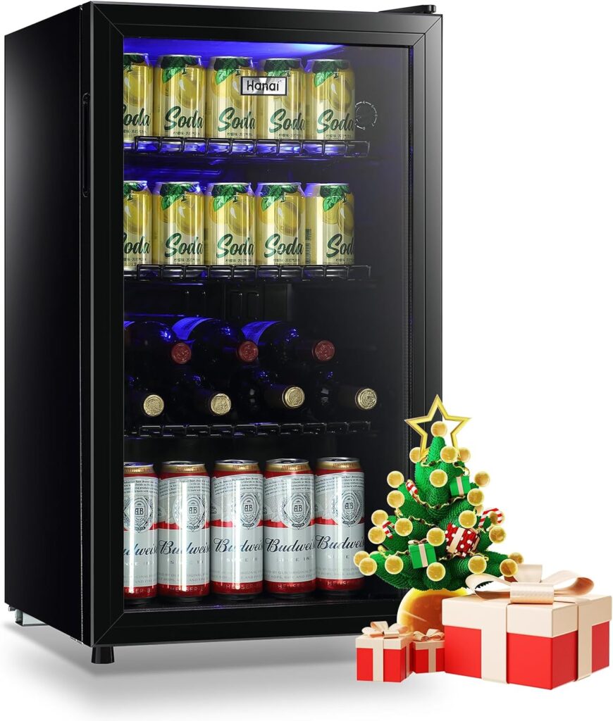 WANAI Beverage Refrigerator Cooler Mini Fridge Glass Door 100Can Beer Fridge Beverage Cooler Drinks Wines Juice Soda Cooler Adjustable Shelves Blue LED Lights Temp Control for Home Dorm 3.2 Cu. Ft