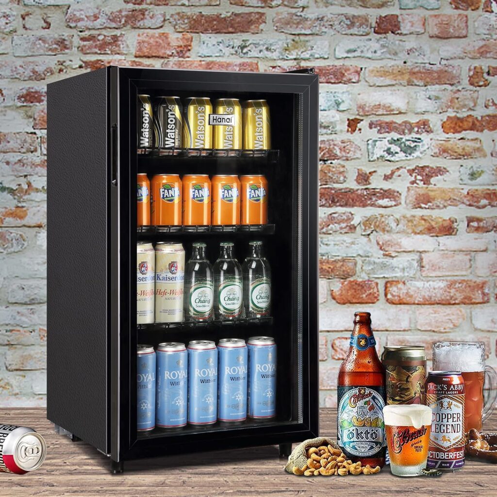 WANAI Mini Fridge Cooler 125Cans Beverage Refrigerator Glass Door Beverage Cooler for Beers Wine Juicer Cooler Adjustable Shelves LED Lights for Home, Office or Bar