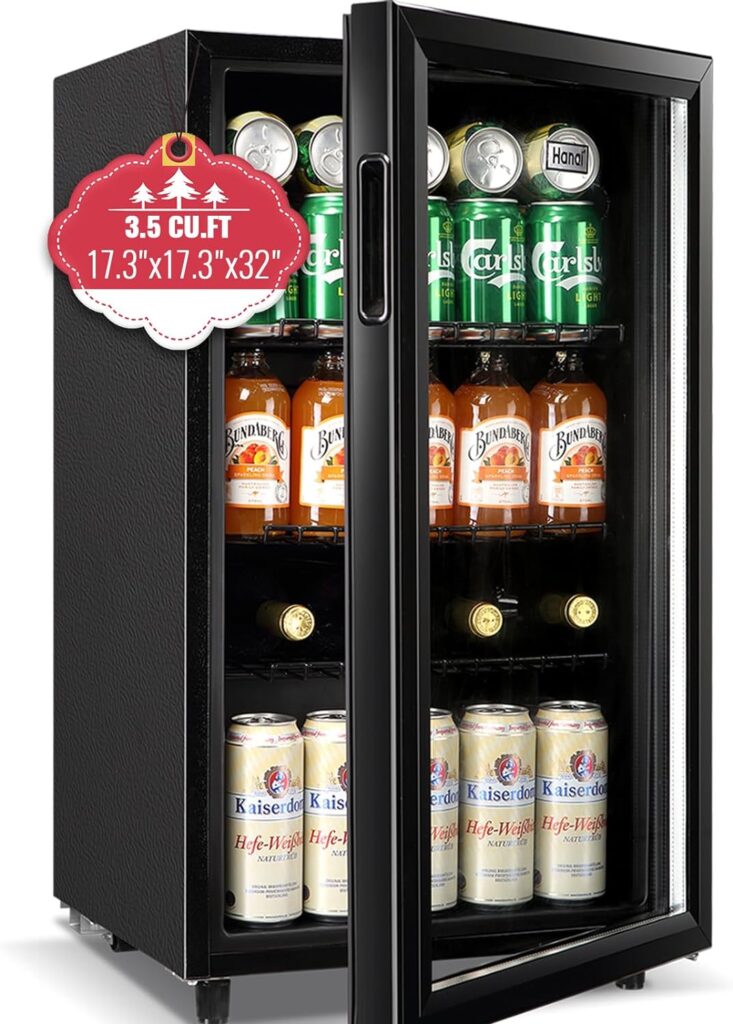 WANAI Mini Fridge Glass Door 120 Cans Beverage Refrigerator Small Wine Cooler Clear Front Drinks Fridge for Soda Beer Bar Home Office with 7 Thermostat LED Lights