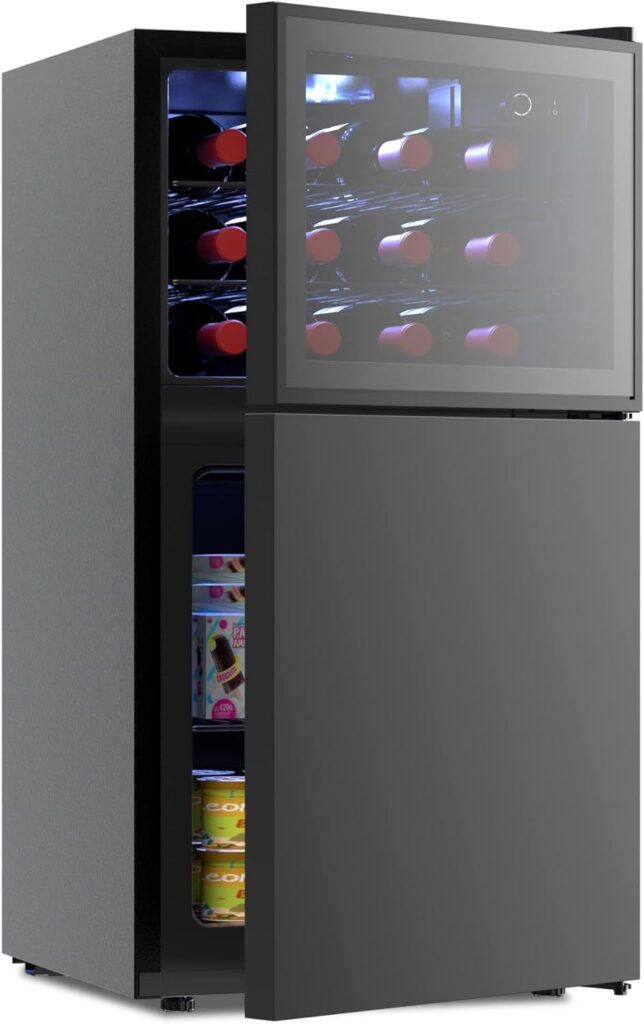 WATOOR Double Door Beverage Wine Cooler with Freezer,1.3 Cu Ft Mini Fridge and 1.3 Cu Ft Freezer with Reversible Door,Dual Zone Temperature Control,Perfect for Home or Office