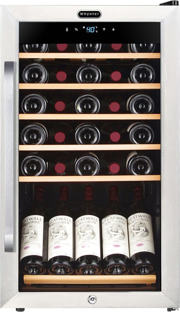 Whynter FWC-341TS 34 Bottle Freestanding Stainless Steel Wine Refrigerator with Display Shelf and Digital Control, Gray