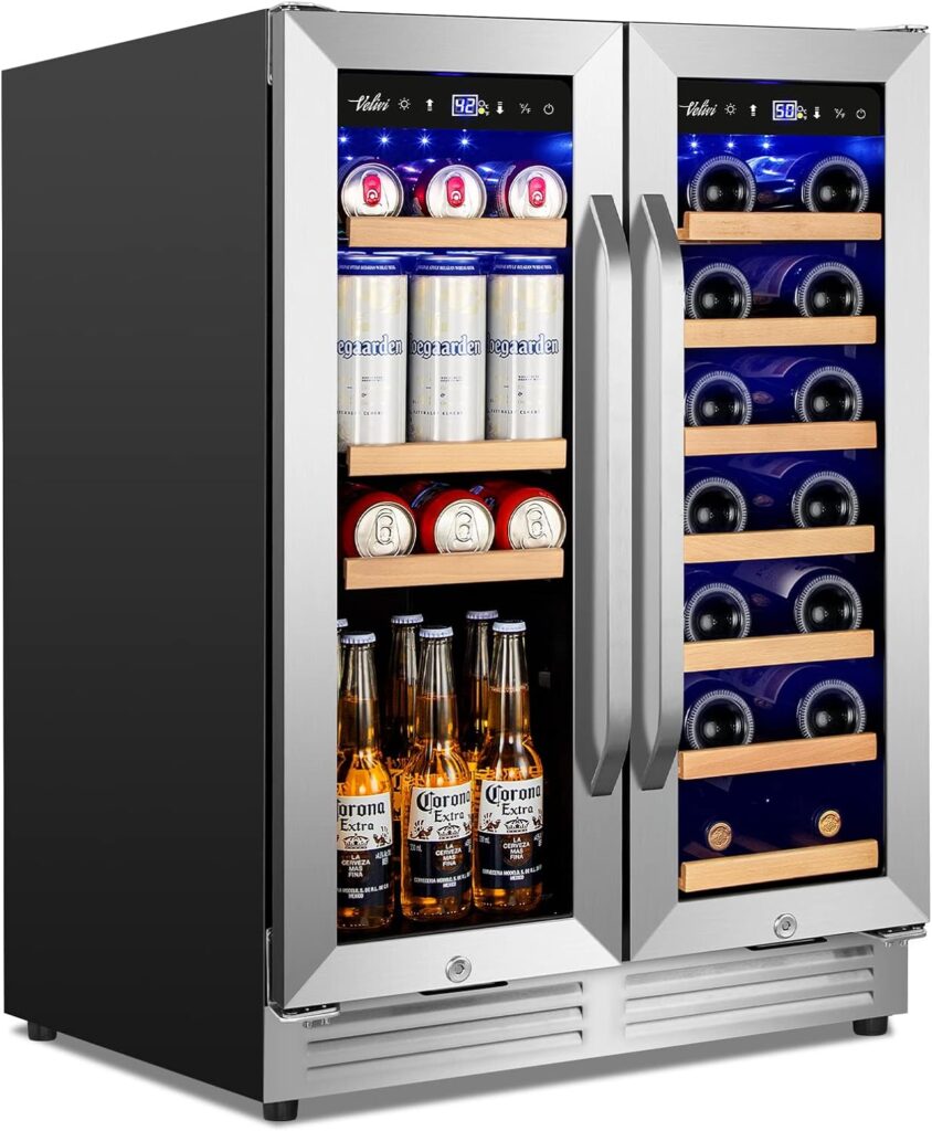 Wine and Beverage Refrigerator Upgraded, 24 Inch Beverage Refrigerator Cooler Dual Zone with Glass Door, Under Counter or Freestanding Beverage Fridge with Large Capacity, Advanced Cooling System