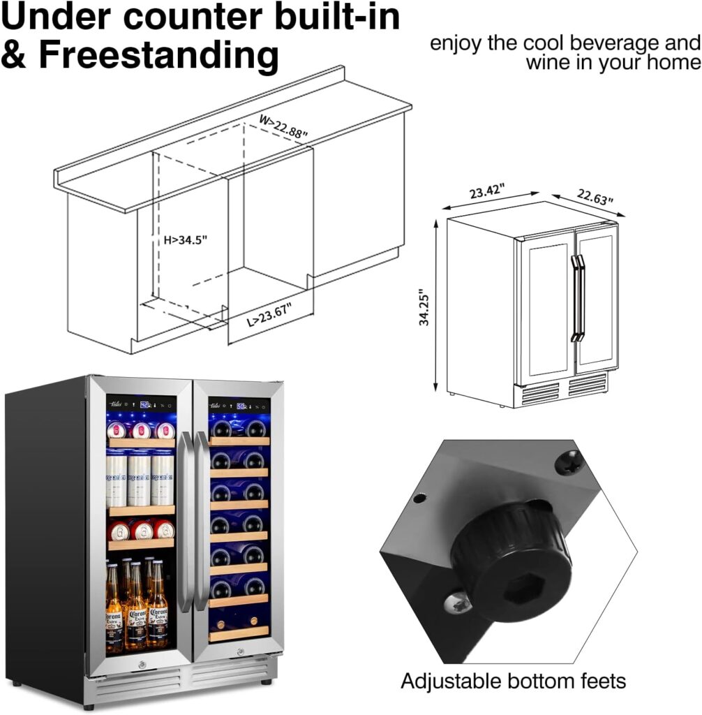 Wine and Beverage Refrigerator Upgraded, 24 Inch Beverage Refrigerator Cooler Dual Zone with Glass Door, Under Counter or Freestanding Beverage Fridge with Large Capacity, Advanced Cooling System