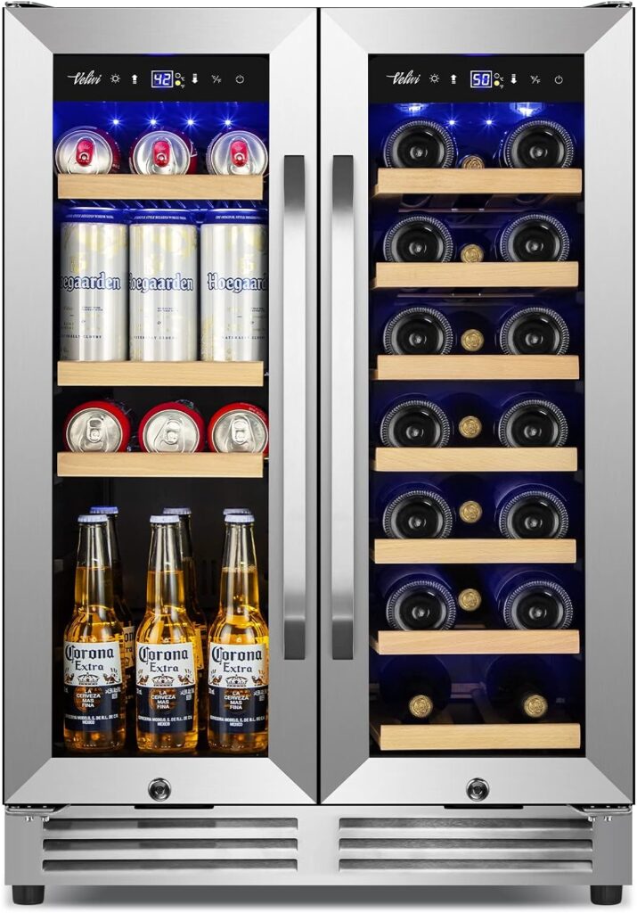 Wine and Beverage Refrigerator Upgraded, 24 Inch Beverage Refrigerator Cooler Dual Zone with Glass Door, Under Counter or Freestanding Beverage Fridge with Large Capacity, Advanced Cooling System