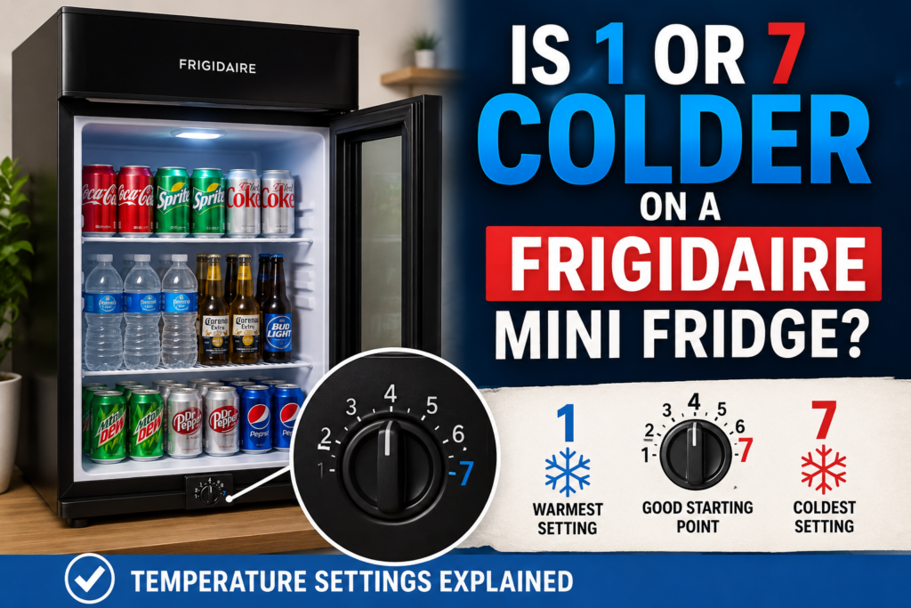 Is 1 or 7 colder on a Frigidaire mini fridge temperature dial