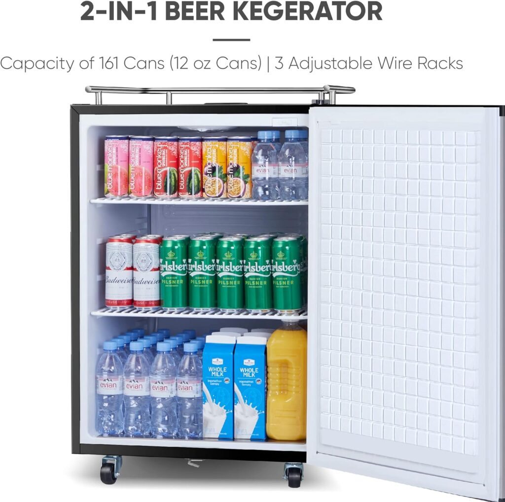 ICEJUNGLE Full Size Kegerator Outdoor Dual Tap Draft Beer Dispenser Beverage Beer Cooler Temperature Control Drip Tray Rail Fits 3x5 Gallon 2x1/6 Kegs Half Barrel Keg