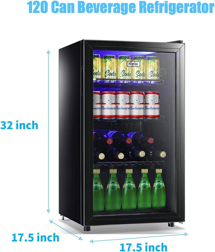 WANAI Beverage Refrigerators 120-Can Small Mini Fridge for Home, Office or Bar with Glass Door and Adjustable Removable Shelves，Perfect for Soda Beer or Wine, Stainless Steel, 3.5 Cu.Ft.