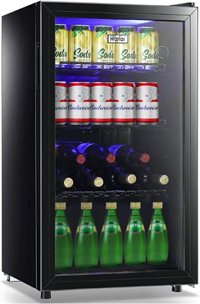 WANAI Beverage Refrigerators 120-Can Small Mini Fridge for Home, Office or Bar with Glass Door and Adjustable Removable Shelves，Perfect for Soda Beer or Wine, Stainless Steel, 3.5 Cu.Ft.