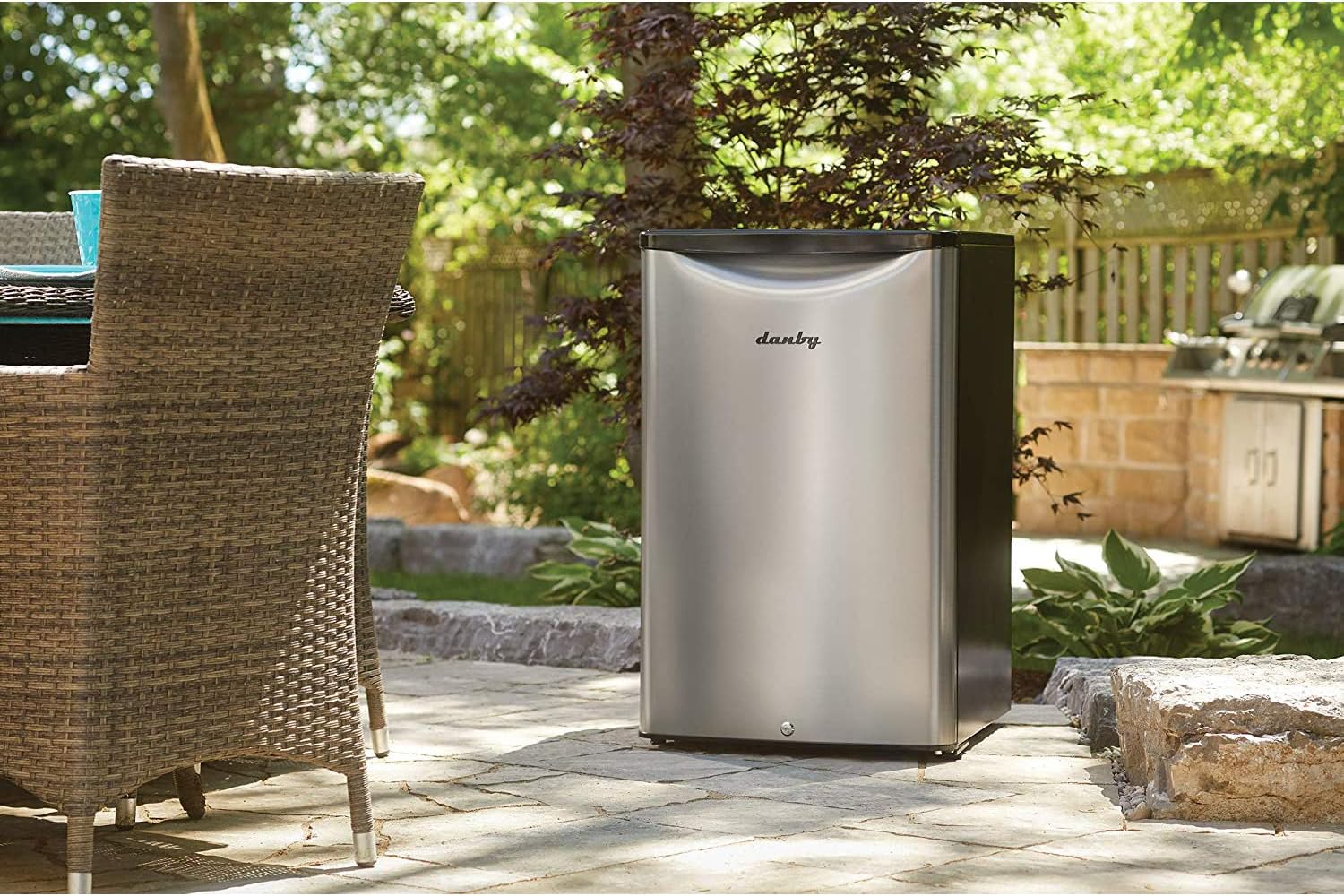 Danby DAR044A6BSLDBO 4.4 Cu.Ft. Outdoor Mini Fridge, IPX4-Rated Stainless Steel Look All Refrigerator for Patio, Cabana, Pool Bar, E-Star Rated, Spotless Steel